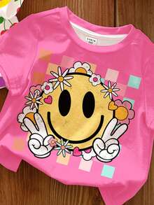 SHEIN 3件套 时尚个性化多巴胺脸和花卉系列 白色、粉色、星空渐变色女童休闲简约短袖圆领T恤，适合上学、外出、街头、度假、返校、春夏穿着，舒适百搭，时尚女孩，休闲装，儿童卡通脸图案T恤，别致，新潮，休闲时尚，返校季，休闲时尚，轻松氛围穿搭 - 彩色 - 查看 5