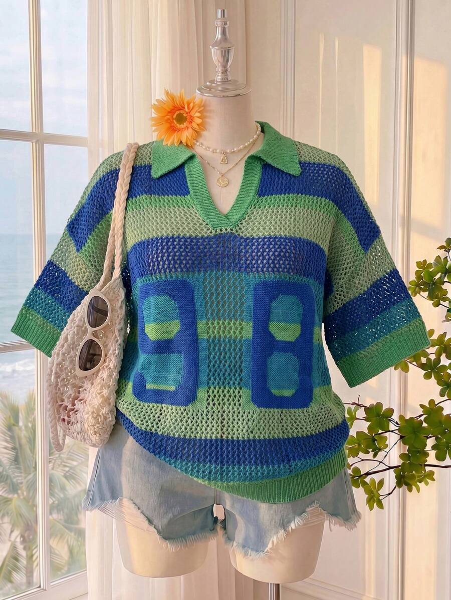 Comfortcana Plus Size Vacation Casual Colorblock Striped Hollow Out Knit Top - Blue - View 1
