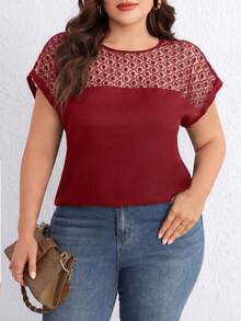 SHEIN Clasi Áo cổ tròn ren cỡ lớn - Màu Đỏ Sâu - Xem 1