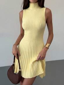 Aloruh Minimalist Elegant Stand Collar Sleeveless A-Line Mini Ribbed Knit Dress For Women - Light Yellow - View 5