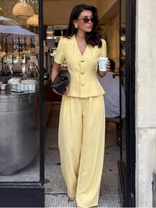 Lumalex Ensemble blazer et pantalon élégant de couleur unie à manches courtes pour le travail - Jaune clair - Voir 1
