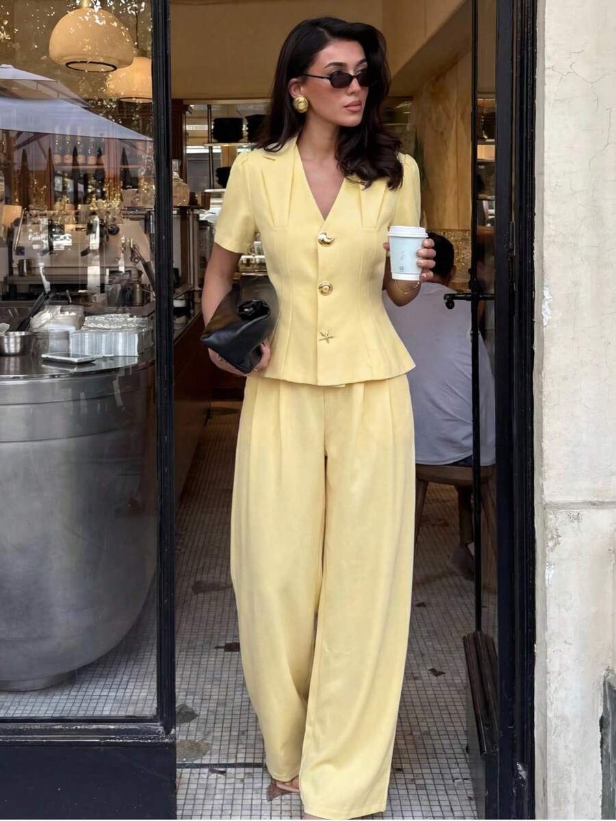 Lumalex Ensemble blazer et pantalon élégant de couleur unie à manches courtes pour le travail - Jaune clair - Voir 1