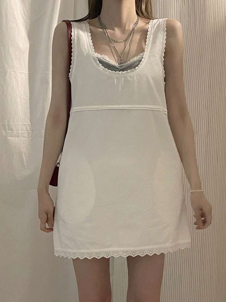 Women's Solid Color Loose Splice Lace Trim Casual Vacation Summer Tank Top