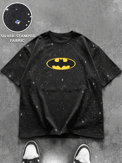 BATMAN X SHEIN Manfinity EMRG Men's Casual Round Neck Short Sleeve T-Shirt With Foil Cartoon Print