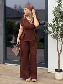 Jeta Ari Conjunto de 2 peças feminino de verão, novo, simples, elegante, para viagem, férias, retrô, formatura, diário, versátil, amarelo damasco, tecido com textura de bambu, gola redonda, manga curta, cintura plissada, em formato de X, camisa regular, top + calça larga, conjunto de 2 peças, roupa de professora, estilo retrô, roupas de escritório para mulheres, escritório, roupa de aeroporto, roupa de viagem para o aeroporto, roupas para sair - Castanho Café - Ver 6