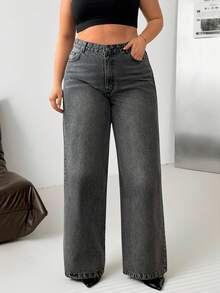 EURMUSE Plus High Waist Washed Wideleg Jean - Grey - View 2