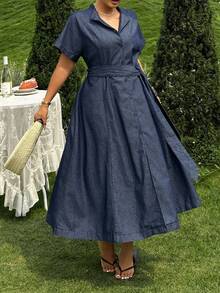 Dazy Plus Plus Size Women's Collared Cinched Waist Short Sleeve Denim Maxi Dress, Washed Deep Blue, Spring/Summer, Casual/Resort Style - Dark Wash - View 4
