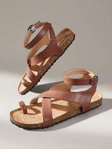 Solecia Women Shoes Spring And Summer New Models, Open-Toed Round Toe Design, Cross Multi-Buckle Decoration, Slip-On Exposed Heel, Comfortable And Simple Vacation, Women's Flat Shoes, A Must For Commuting, Casual And Versatile - Brown - View 6