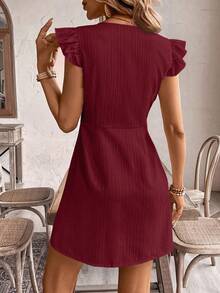 SHEIN Frenchy Gaun Elegan Wanita Warna Polos dengan Leher V Dalam dan Hem Berumbai - Burgundy - View 2