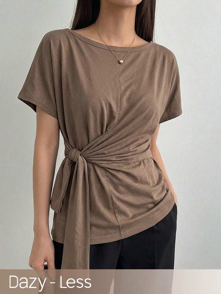 Women's Casual Solid Color Cinched Waist T-Shirt, Summer