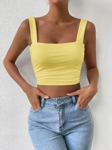 Femesol Solid Color Pleated Fitted Cropped Cami Top For Summer - Yellow - View 4
