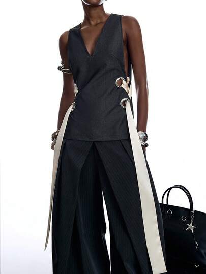 LYSMO 女士夏季时尚金属扣交叉绑带无袖薄款西装外套