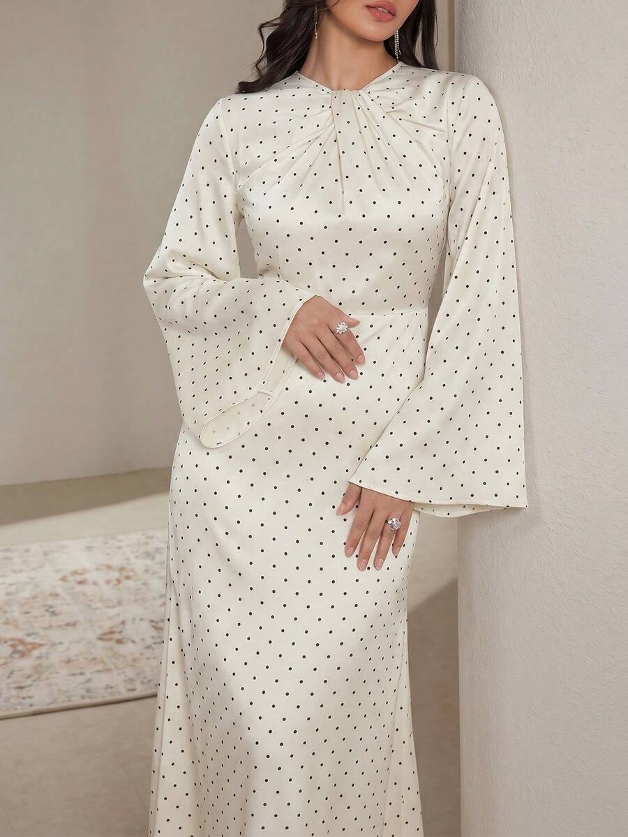 女士波点印花扭结优雅长袖连衣裙 - 黑與白 - 查看 1