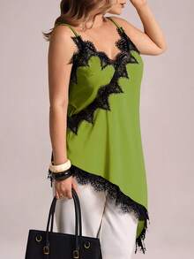 Elegantrix Plus Size Women Urban Casual Lace Asymmetric Hem V-Neck Patchwork Solid Color Camisole - Olive Green - View 4