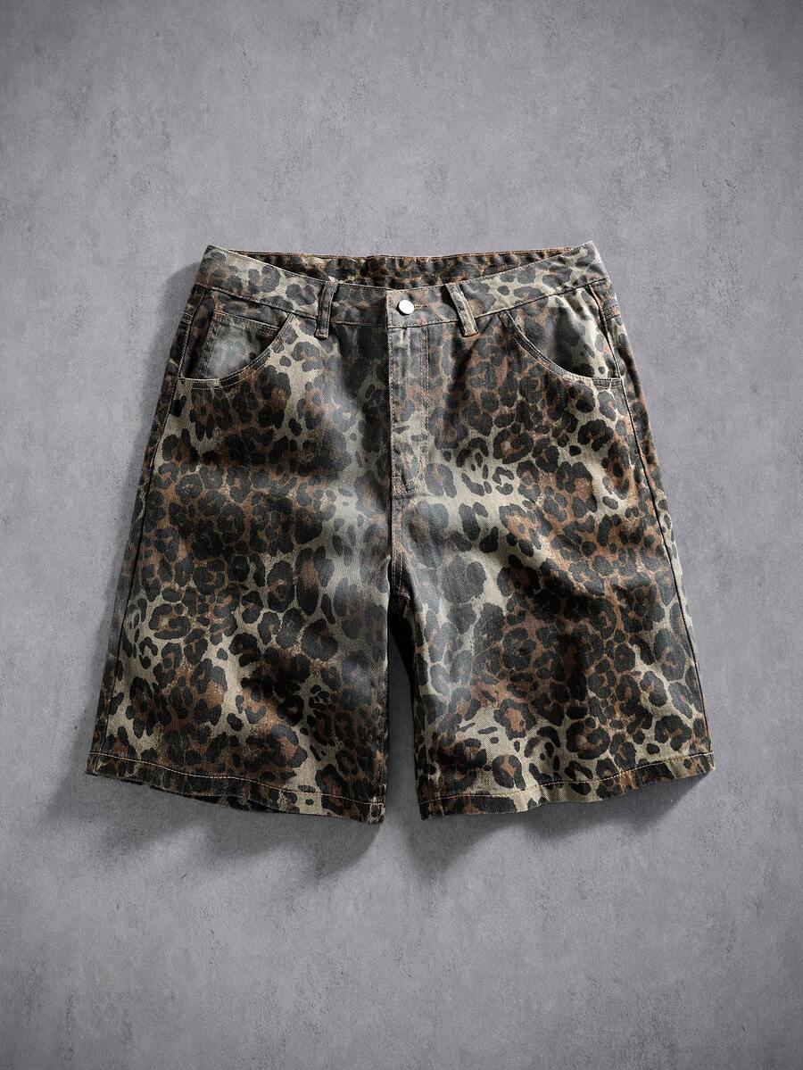 Manfinity Denimwave Shorts vaqueros casuales con estampado de leopardo y efecto desgastado para hombre - Multicolor - Ver 1