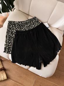 CosyJoli Plus Size Women Casual Leopard Print & Solid Color Pleated Shorts - Multicolor - View 2