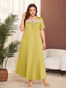 Lacomfia Plus Size Solid Color Short Sleeve Knit Casual Ruffle Hem Dress - Mustard Yellow - View 4
