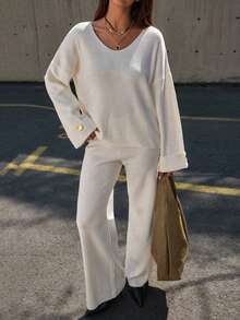 SHEIN Women V-Neck OverSize Sweater And Knit Pant Set With Button - Apricot - View 6