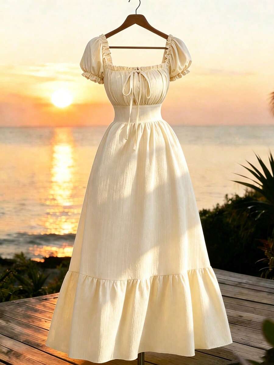 Elenzga Đầm tay phồng bằng vải dệt nhăn mới, có dây buộc phía trước và xếp ly phía sau, thắt eo, dáng suông tôn dáng, thanh lịch và trẻ trung, thích hợp cho kỳ nghỉ hoặc những dịp thường ngày dành cho phụ nữ. - Màu be - Xem 1