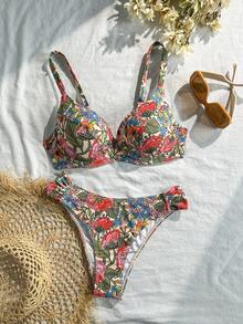SHEIN Swim 2件套性感豹纹聚拢加垫比基尼套装，女士夏季沙滩装 - 彩色 - 查看 3
