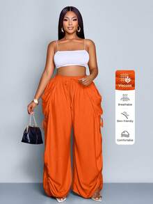 SOLERSUN Pantalones anchos de pierna ancha con cintura de amarre y bolsillos grandes para mujeres de talla grande - Naranja - Ver 4