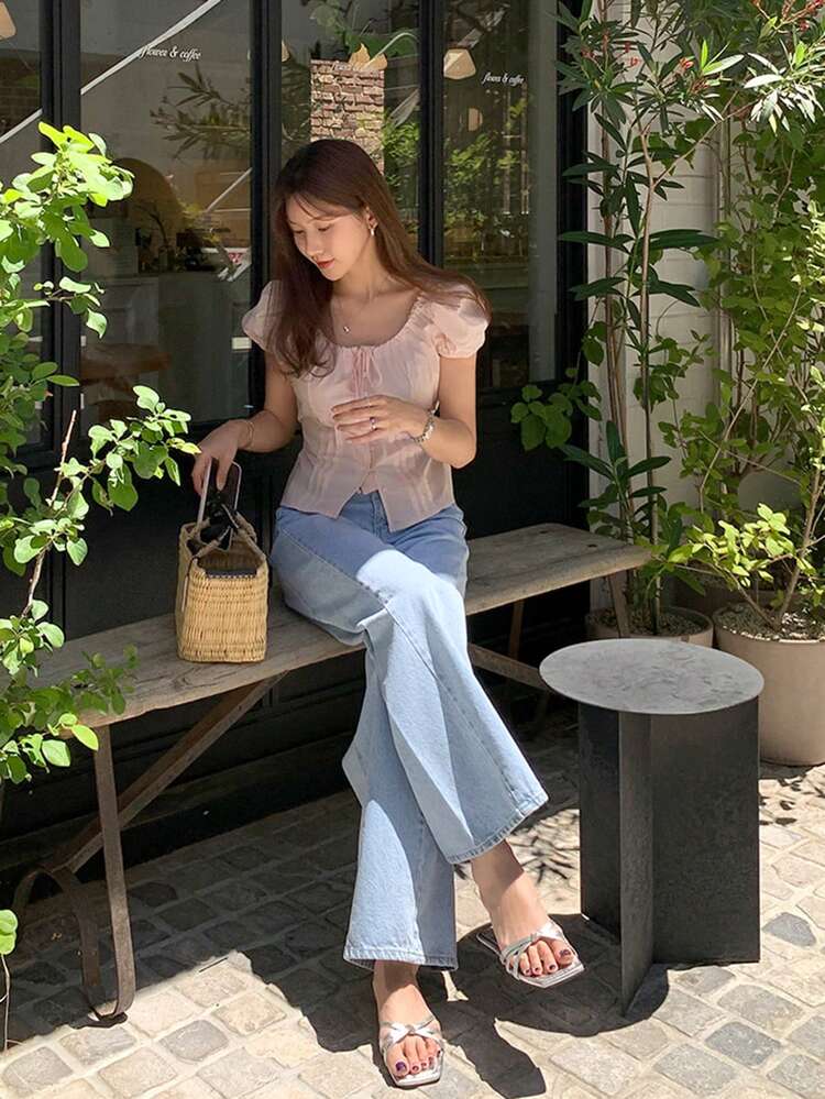 Women/Girls' Korean Style Tie-Up Short Sleeve Blouse, Spring/Summer