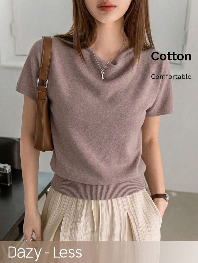 Women's Solid Color Scoop Neck Short Sleeve Casual Loose Knit Top