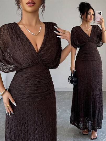 Elenzga Women's Spring/Summer Coffee Brown Elastic Lace Lined Crossover V-Neck Gathered Waist Ruffle Hem Butterfly Tie Back Loose Fit Midi Dress, Elegant French Vintage Office Commute Holiday Beach Casual Chic Versatile Afternoon Tea Party Spring/Summer New