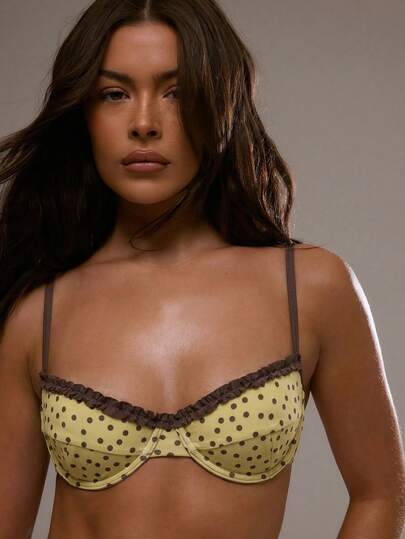 Musera Resort Contrast Frill Trim Dainty Polka Dot Micro Cup Bikini Top Sexy Fun Spring Summer Beach Gorgeous Graphic