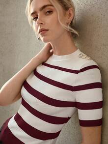 MOTF PREMIUM STRIPED PATTERN BUTTON DETAIL SLIM FIT KNIT TOP - Burgundy - View 6