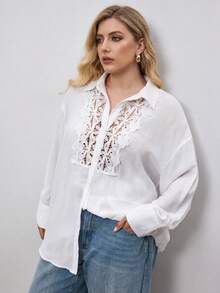Maija Camisa de talla grande de unicolor casual con parches de encaje, primavera/otoño - Blanco - Ver 7