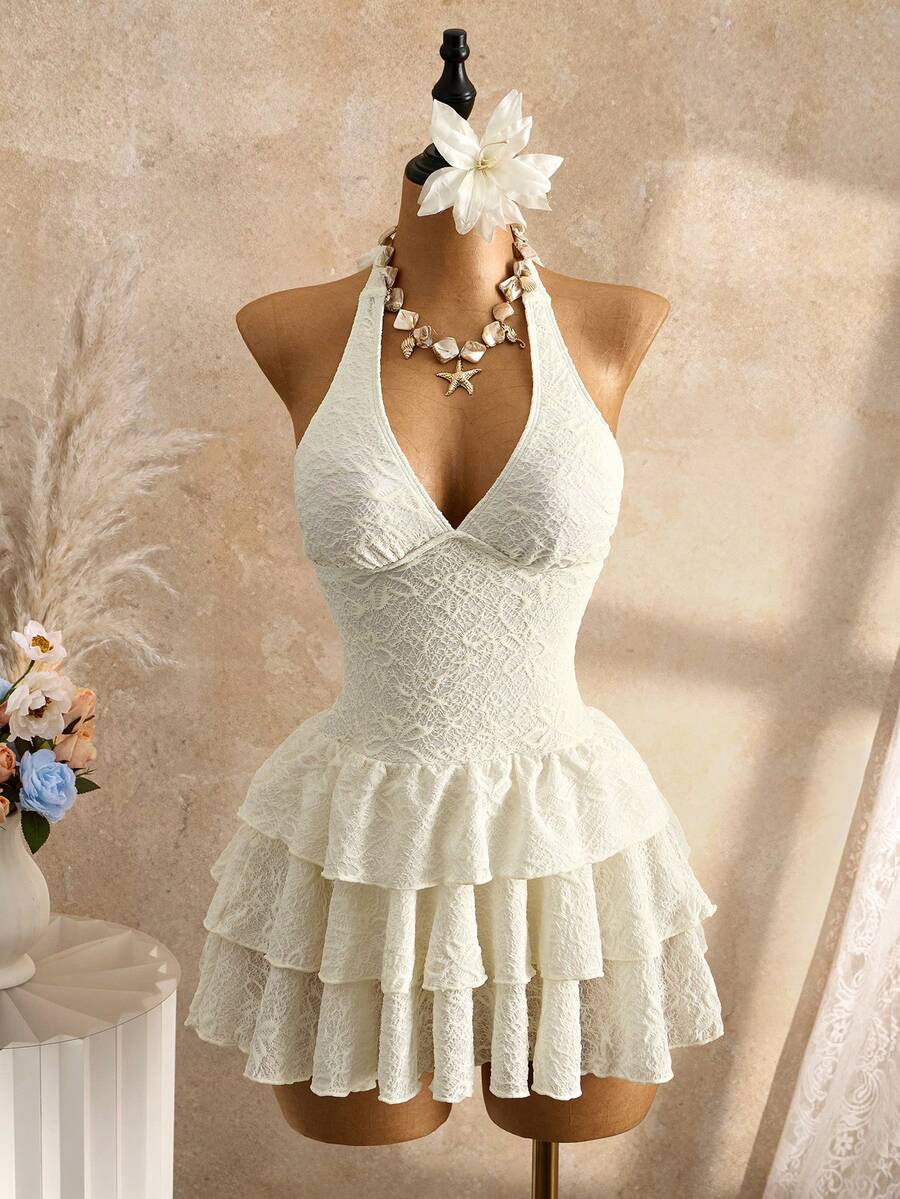 Bellisia Bộ đồ bơi 2 mảnh dành cho nữ, vải dệt màu trắng, cổ chữ V buộc dây, váy xếp ly, quần bikini, đồ bơi đi biển. - Màu be - Xem 1
