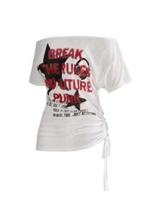ROMWE Grunge Punk Women's Off-Shoulder Semi-Sheer PUNK Star Print Drawstring T-Shirt Top - White - View 5