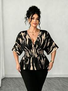 SHEIN Elenzya 大码女式V领插肩袖休闲衬衫，适合外出、聚会和通勤。 - 黑色 - 查看 6