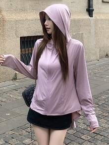 DAZY 女士不对称下摆休闲甜美文艺风宽松连帽轻薄外套，适合春、夏、秋季穿着，时尚度假沙滩户外休闲之选 - 粉色 - 查看 8
