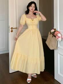 DAZY Vestido midi con tirantes de lazo, estilo casual de vacaciones para mujeres, adecuado para vestidos de verano primaverales y estivales - Amarillo - Ver 9