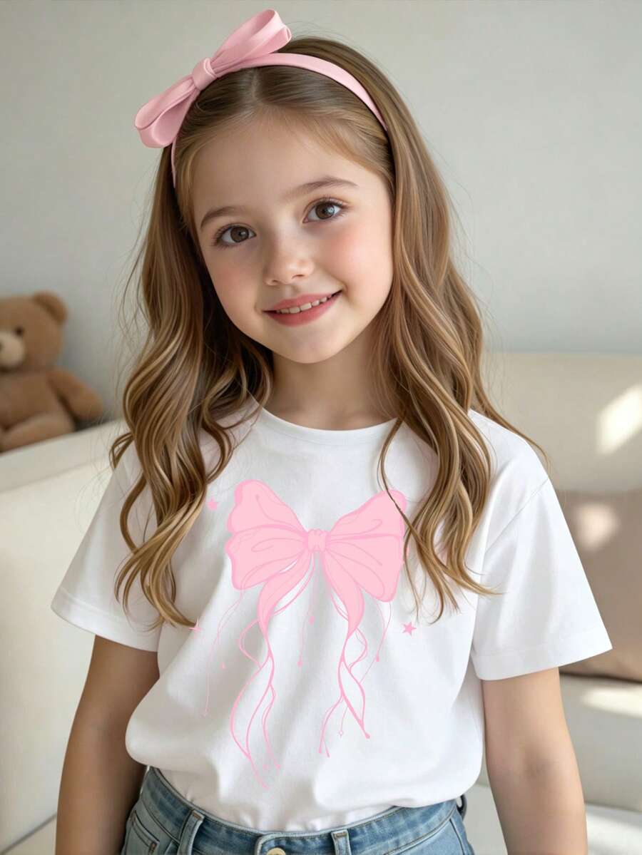 Elladie kids 春夏女童休闲时尚创意个性清新简约可爱卡通粉色蝴蝶结装饰图案印花休闲基础款短款T恤,舒适日常穿着,温暖的夏秋风格,适合春、夏、秋季穿着。 - 白色 - 查看 1