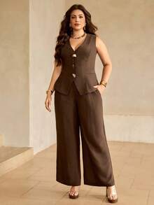 Roveilla Plus Size Women's Summer Elegant Brown Dinner 2-Piece Set,Linen-Like V-Neck Sleeveless Vest With Metal & Wood Buckle,Back Tie Wide Leg Pants Workwear - Brown - View 7