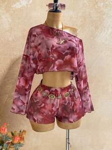 Soleia 2pcs Women Casual All-Over Print Asymmetric Collar Long Sleeve Top And Shorts Set - Multicolor - View 6