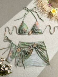 Swim Vcay Set de 3 piezas de bikini con minifalda de malla con estampado floral colorido, para primavera/verano y vacaciones - Multicolor - Ver 4