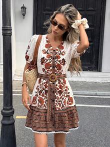 SHEIN Holidaya Vestido corto de verano con cuello en V, mangas abullonadas y bajo contrastante con encaje - Multicolor - Ver 5