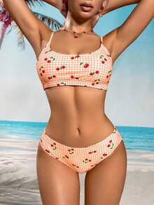 Swim Mod Plaid & Cherry Print Spaghetti Strap Bikini Swimwear - Orange - View 3