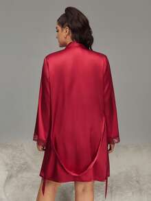 SHEIN 两件套加大码刺绣V领吊带睡裙和长袖睡袍，仿丝绸睡衣套装，秋冬服装 - 紅色 - 查看 2
