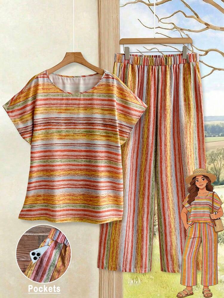 2pc Set Plus Size Women's Summer Casual Vacation Country Striped Batwing Sleeve Shirt And Wide Leg Pants Casual 2 Pieces Set,Casual Holiday Style,Summer Outfits For Women ,Vacation Outfits Women ,Holiday Outfits For Women,Going Out Outfits, New Clothes,Simple And Fashionable For Everyday Wear,Suitable For Summer, Vacation, Daily Wear, Festival Outfits For Women,Country Concert Outfit,Beach Outfits For Women,Western Style,,Gifts For Mother,Boho  Set,Modest Two Piece Set, Plus Size Summer Sets,Plus Size Pants Set,Boho Set,Boho Pants Set For Women,Wide Leg Pants Set,2 Piece Casual Sets Woman,Two Piece Set Women