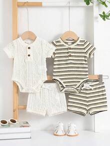 4pcs/Set Newborn Baby Boy/Girl Summer Cute Striped Blue Short Sleeve Romper & Shorts 4-Piece Outfit, Suitable For Home & Outings - Multicolor - View 10
