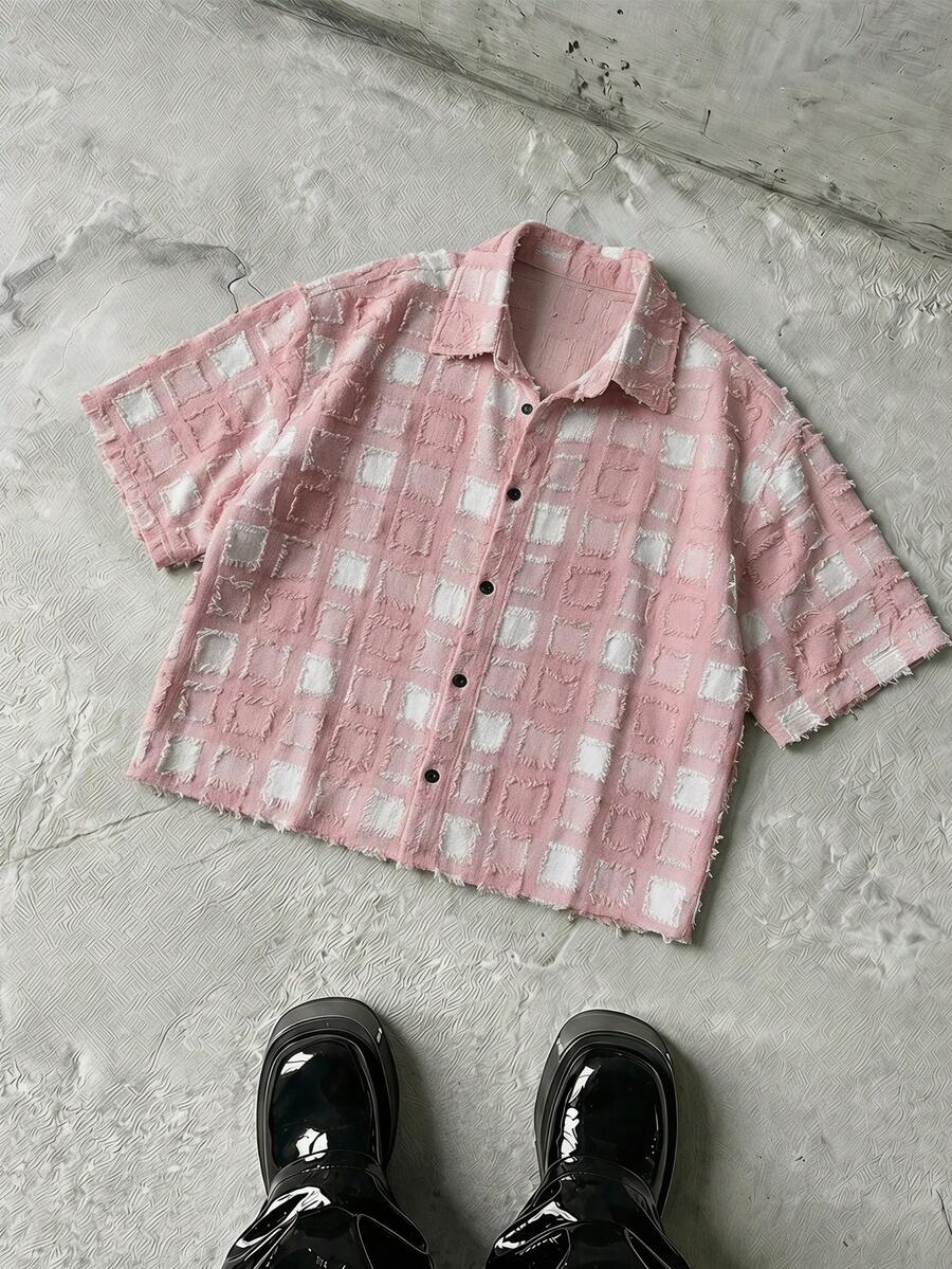 Manfinity RebelGame Men's Plaid Woven Short Sleeve Cropped Shirt, Suitable For Summer - Pink - View 1