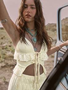 Easelle Bộ quần short cạp thấp phối ren kiểu Bohemian, phù hợp cho nữ, có thể mặc đi lễ hội âm nhạc Coachella hoặc các lễ hội âm nhạc khác, màu mơ. - Màu be - Xem 3