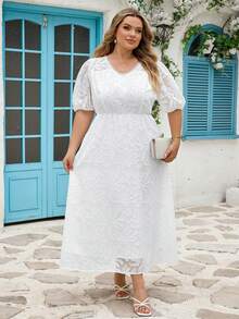 SHEIN CURVE+ Đầm ren tay ngắn cổ chữ V cỡ lớn, đầm trang trọng màu trắng, đầm thanh lịch dành cho nữ dự lễ tốt nghiệp, dự đám cưới, mùa xuân & hè, ngày lễ, phù dâu, mẹ của người tốt nghiệp, dịp trang trọng, đầm trắng thanh lịch, trang phục cưới, đầm trắng đi nhà thờ, trang phục dự đám cưới, đầm dự tiệc cô dâu, đầm trắng, đầm trắng dự tiệc cô dâu, đầm trắng thanh lịch dành cho nữ. - trắng - Xem 7