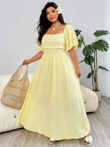Solflare Romantic Ruffle Sleeve Dress With Pleated Bust Decor, A-Line Silhouette, Flowy Hem, Yellow, Suitable For Vacation, Plus Size - Yellow - View 4