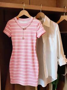 Vestido de mujer de manga corta con cuello redondo y rayas versátil - Rosa Pálido - Ver 3